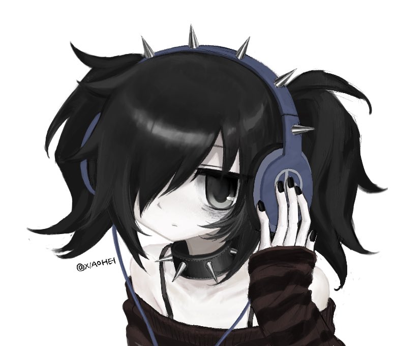 1girl, alternate_costume, alternate_hair_length, alternate_hairstyle, bags_under_eyes, black_hair, black_nails, blue_headphones, collar, english_commentary, goth_fashion, green_eyes, hair_over_one_eye, kuroki_tomoko, off-shoulder_sweater, off_shoulder, short_hair, simple_background, solo, spaghetti_strap, spiked_collar, spiked_headphones, spikes, striped_clothes, striped_sweater, sweater, twintails, twitter_username, two-tone_sweater, watashi_ga_motenai_no_wa_dou_kangaetemo_omaera_ga_warui!, white_background, xi7197269767042