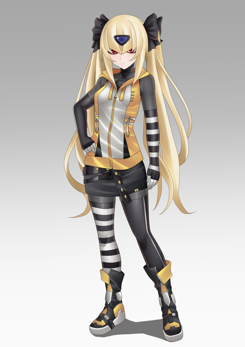 1girl, absurdres, alternate_costume, asymmetrical_gloves, asymmetrical_legwear, bardanv3, belt, blonde_hair, bodystocking, boots, breasts, commission, commissioner_upload, elbow_gloves, eyelashes, forehead_jewel, frown, full_body, gloves, grey_background, hair_ribbon, hand_on_own_hip, highres, hood, hood_down, hoodie, looking_at_viewer, mega_man_(series), mega_man_x_(series), non-web_source, oro_s, red_eyes, ribbon, skirt, small_breasts, thigh-highs, thighs, twintails, zipper
