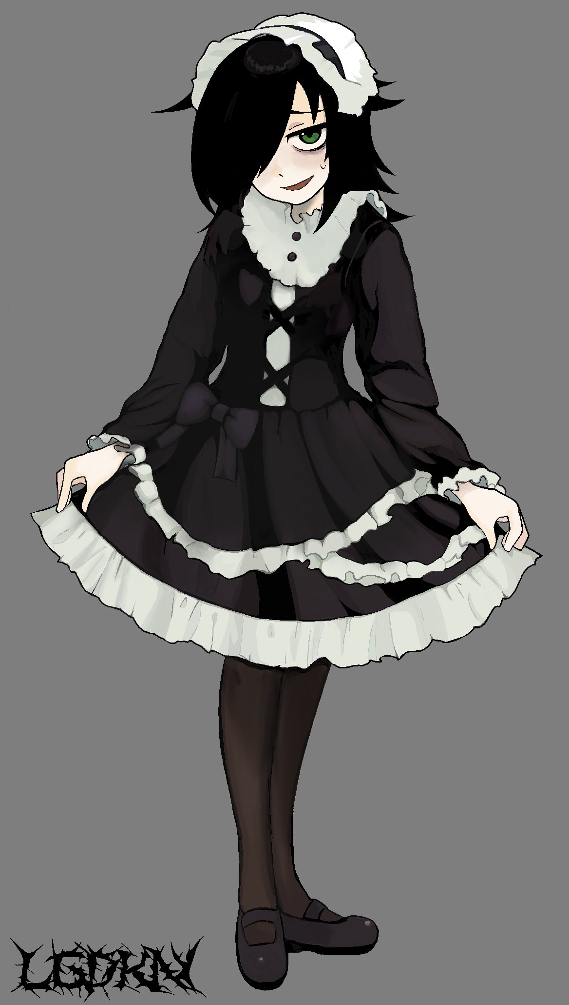 1girl, alternate_costume, artist_name, bags_under_eyes, black_bow, black_dress, black_hair, black_pantyhose