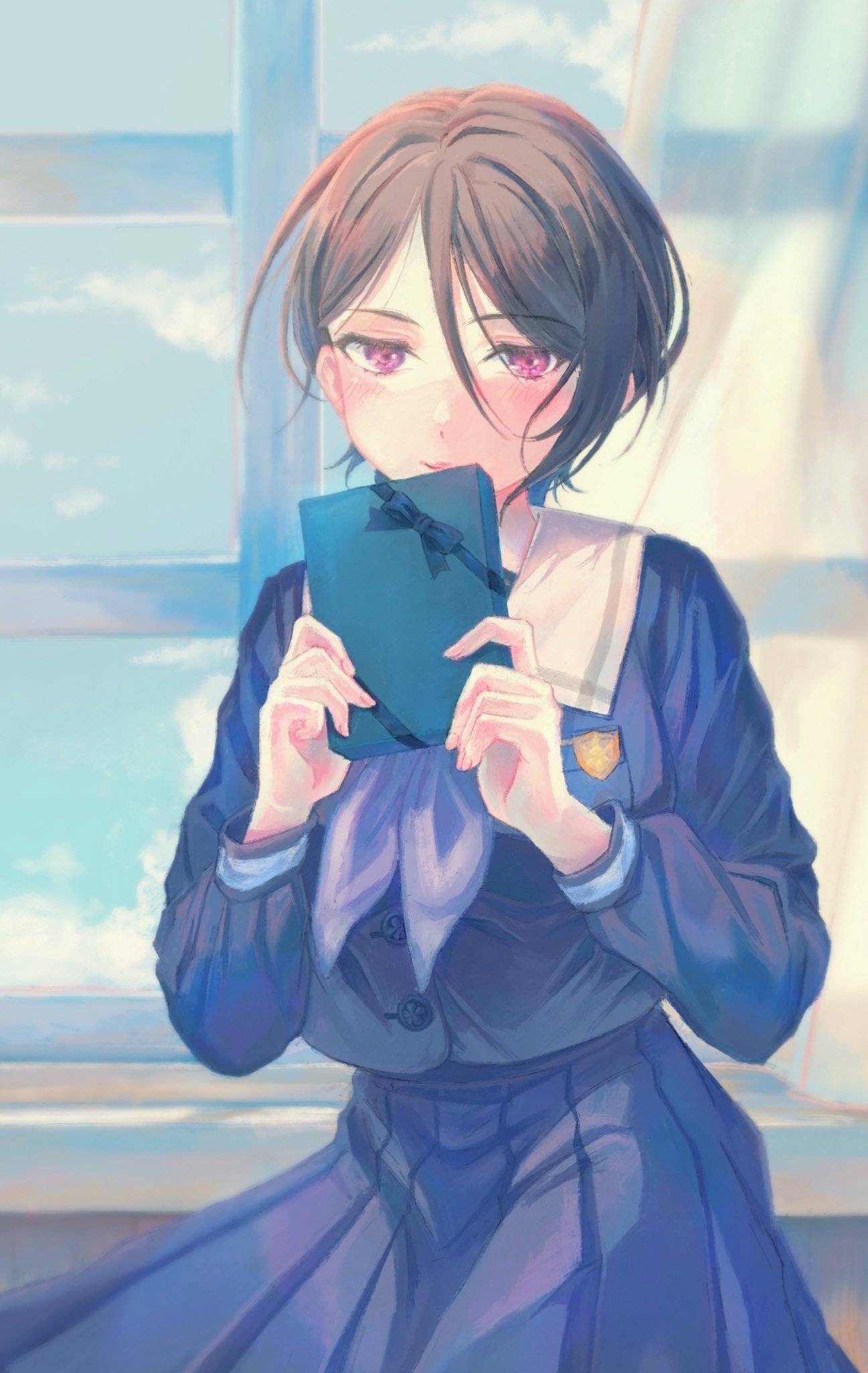 1girl, asymmetrical_hair, bang_dream!, blue_serafuku, blush, box, box_of_chocolates, chocolate