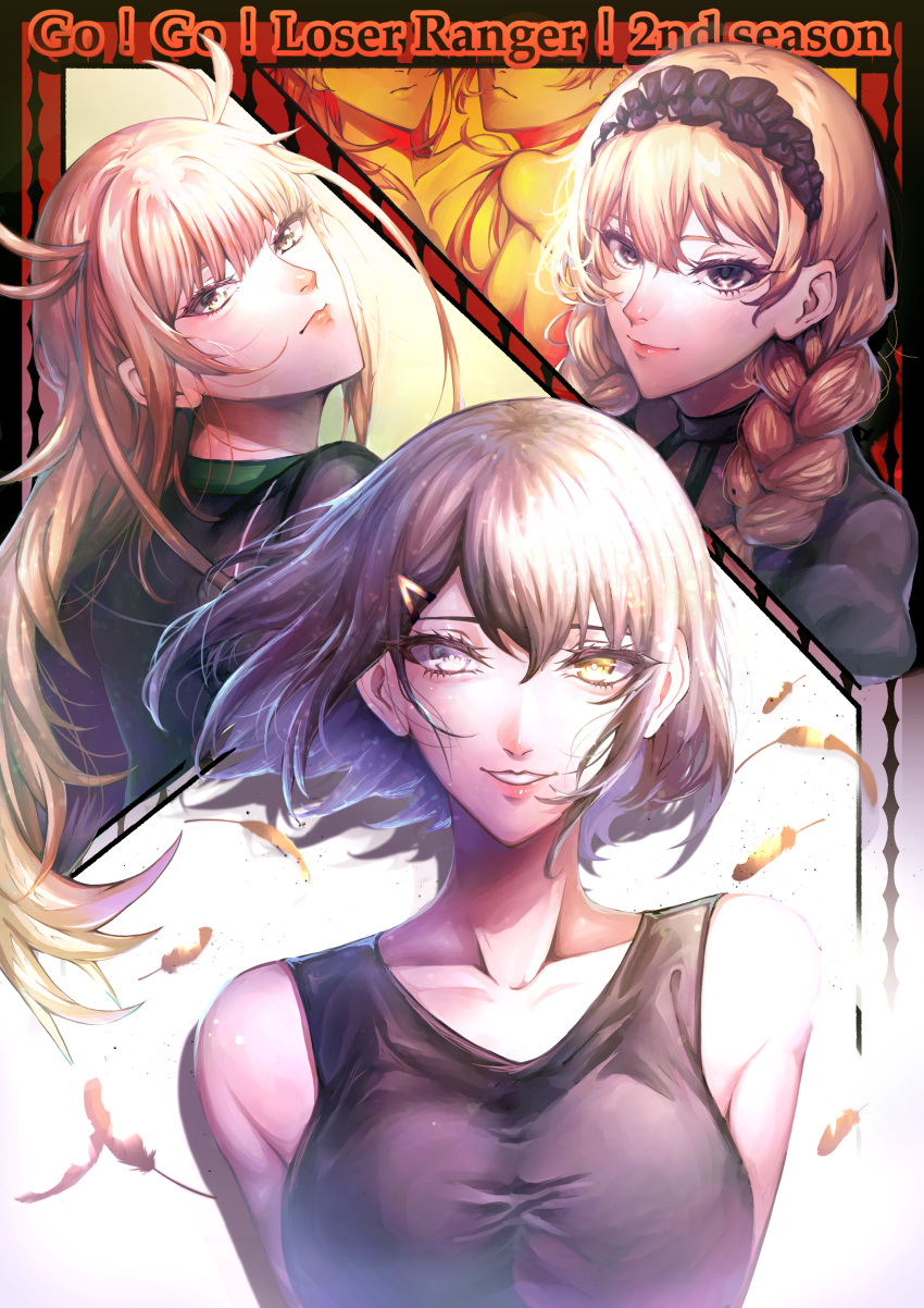 3girls, absurdres, ahoge, bare_shoulders, black_dress, black_eyes, black_headdress, black_shorts
