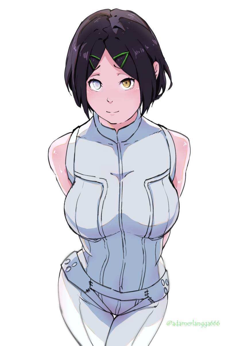 1girl, absurdres, adam_kang, black_hair, blush, breasts, closed_mouth, green_hairclip