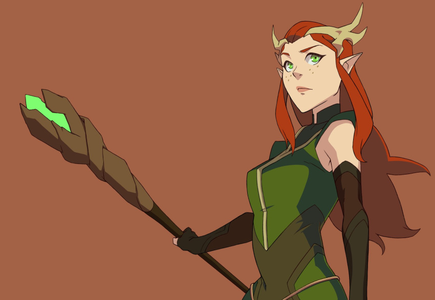 1girl, antlers, breasts, closed_mouth, critical_role, date_naoto, dungeons_&amp;_dragons, elbow_gloves, elf, fingerless_gloves, freckles, gloves, green_eyes, highres, holding, holding_staff, horns, keyleth_(critical_role), lips, long_hair, pointy_ears, red_hair, simple_background, solo, staff, the_legend_of_vox_machina