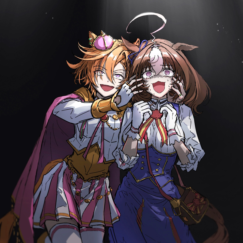 2girls, :3, :d, @_@, animal_ears, bag, brown_hair, cape