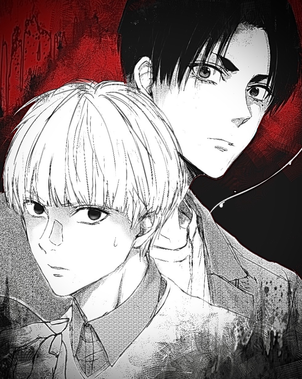 2boys, akabane_sousei, black_hair, blonde_hair, closed_mouth, greyscale_with_colored_background, highres, jacket