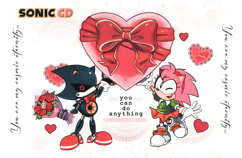 1boy, 1girl, amy_rose, bouquet, bow, bowtie, classic_amy, commentary