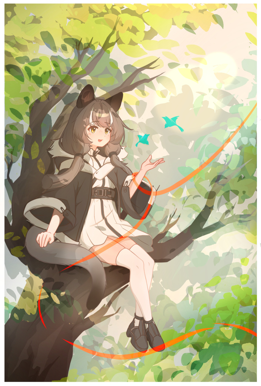 1girl, :d, animal_ears, arknights, black_shoes, brown_hair, chinese_commentary, commentary_request