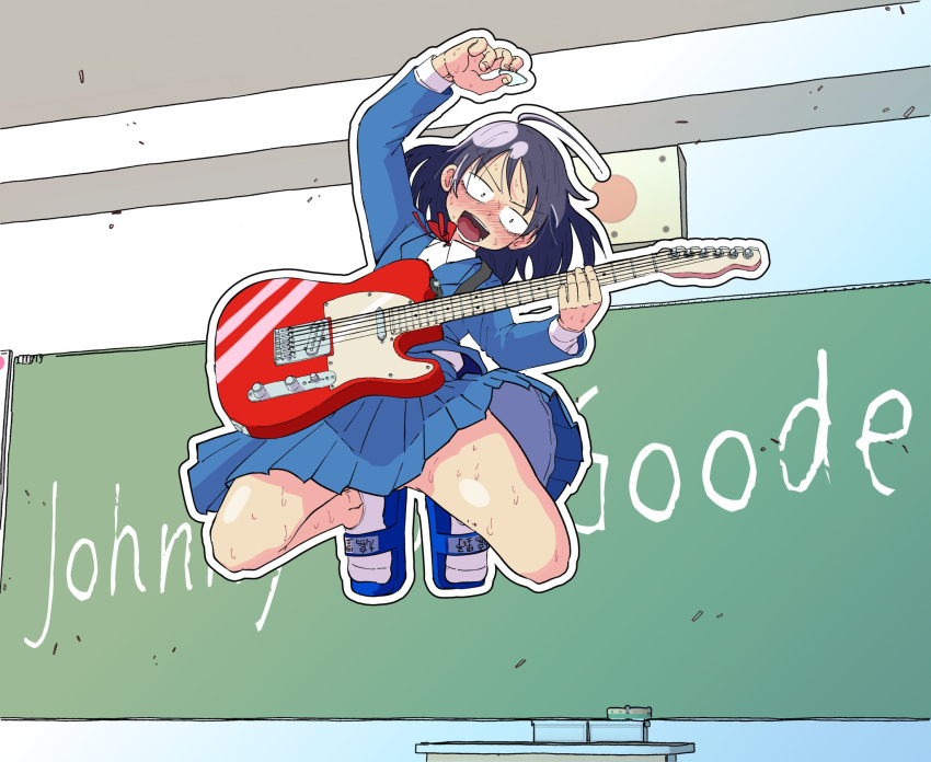 1girl, ahoge, arm_up, black_eyes, black_hair, blazer, blue_jacket, blue_sandals