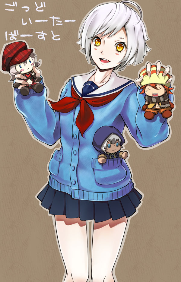 alisa_ilinichina_amiella, arisa_iriinchina_amieera, doll, fangs, fujiki_kouta, god_eater, god_eater_burst, mirai_denki, school_uniform, serafuku, shikkuzaru_soma, shio_(god_eater), skirt, white_hair, x_x, yellow_eyes