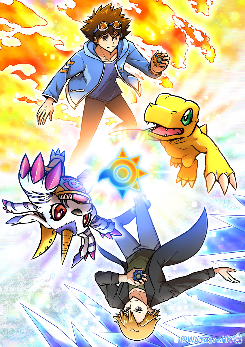 2boys, absurdres, agumon, black_jacket, blonde_hair, blue_eyes, blue_fur, blue_jacket
