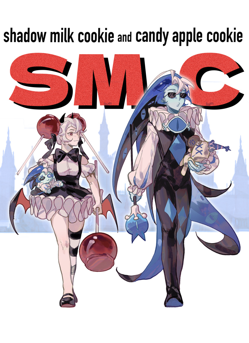 1boy, 1girl, 2nine_eighteen, absurdres, black_dress, blue_skin, candy_apple, candy_apple_cookie, colored_skin, cookie_run, cookie_run:_kingdom, dress, extra_eyes, food, harlequin, highres, looking_at_another, red_eyes, shadow_milk_cookie, sunglasses, white_hair