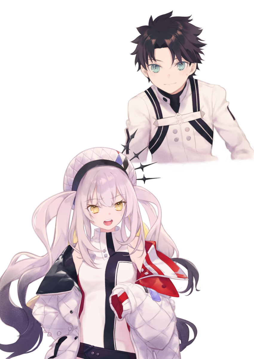 1boy, 1girl, absurdres, bare_shoulders, black_hair, blue_eyes, breasts, daisi_gi
