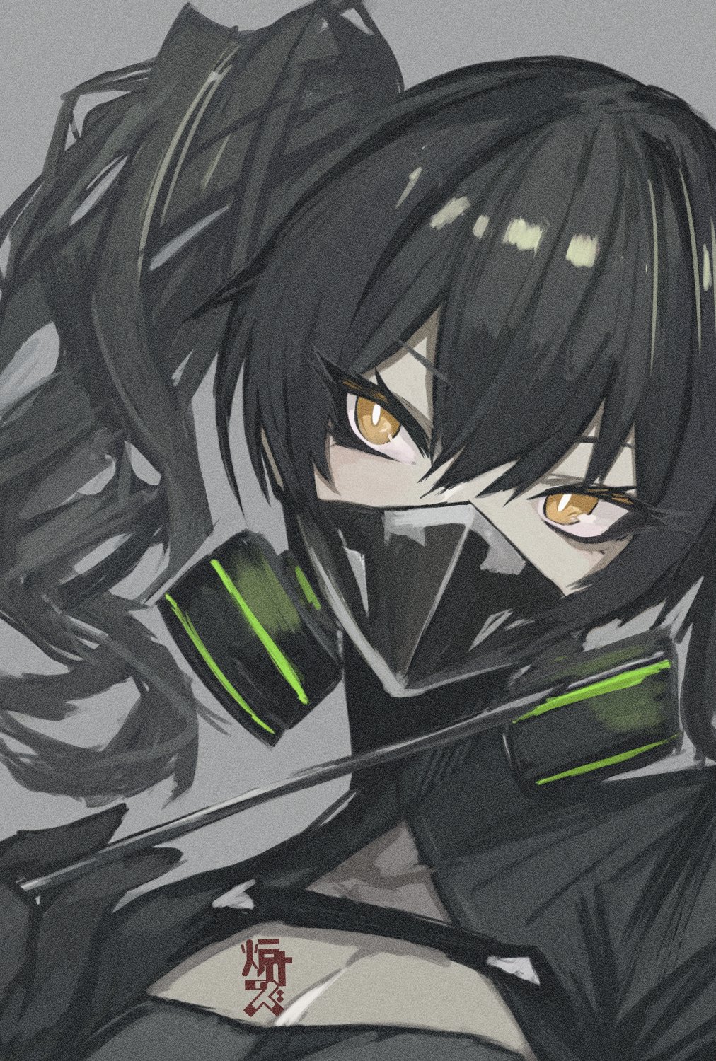 1girl, black_hair, bright_pupils, conductor_baton, gas_mask, girls_frontline, grey_background, hair_between_eyes
