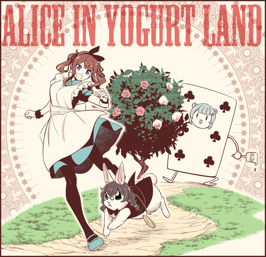 3girls, :d, alice_(alice_in_wonderland), alice_(alice_in_wonderland)_(cosplay), alice_in_wonderland, animalization, apron, aqua_shoes