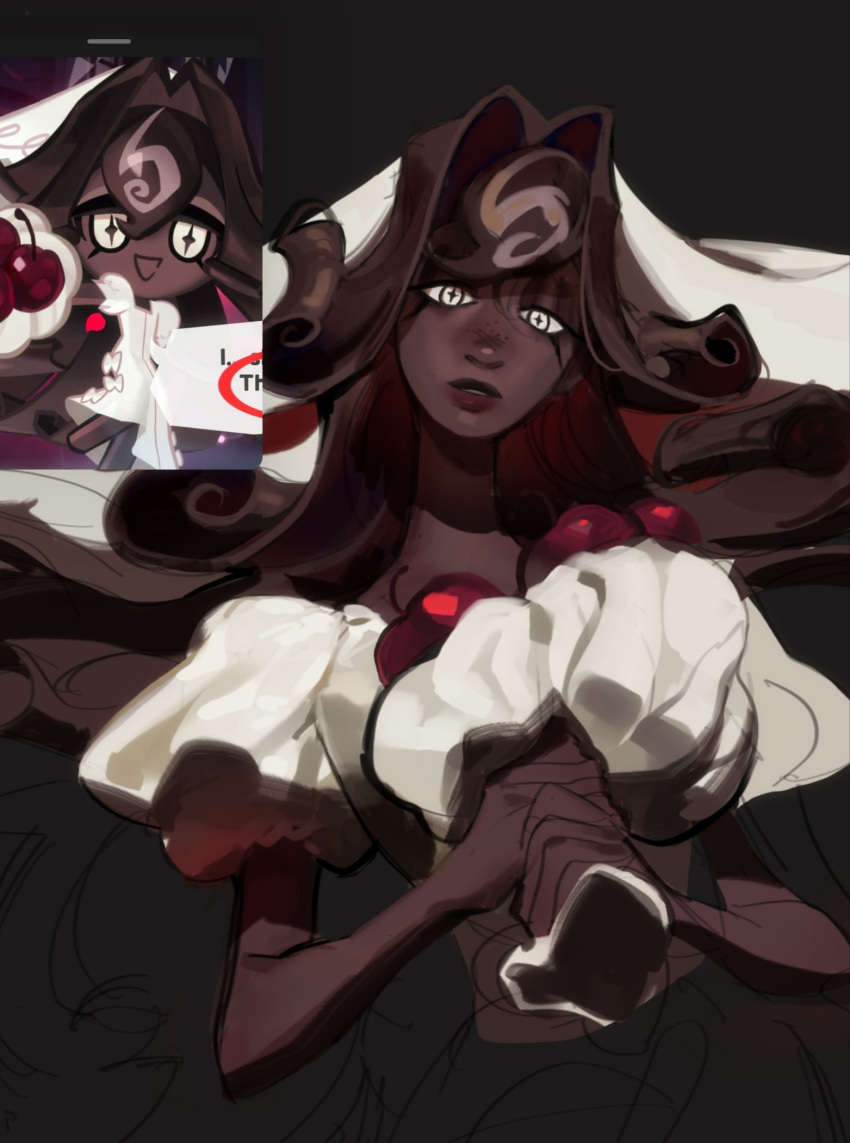 1girl, auro_(duhaeriss), black_forest_cookie, bouquet, brown_hair, cherry, cookie_run, cookie_run:_kingdom