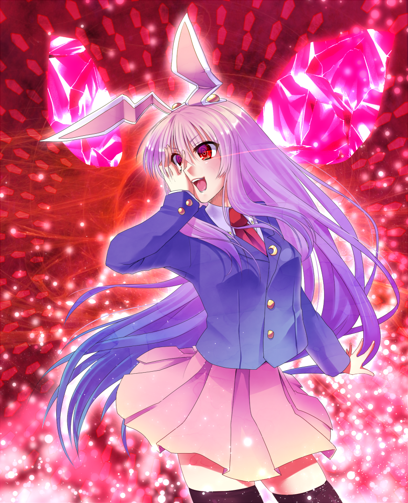 animal_ears, black_legwear, black_thighhighs, blazer, bunny_ears, crescent, eyes, hand_over_eye, long_hair, necktie, norun, pleated_skirt, purple_hair, red_eyes, reisen_udongein_inaba, skirt, solo, thigh-highs, thighhighs, touhou, zettai_ryouiki