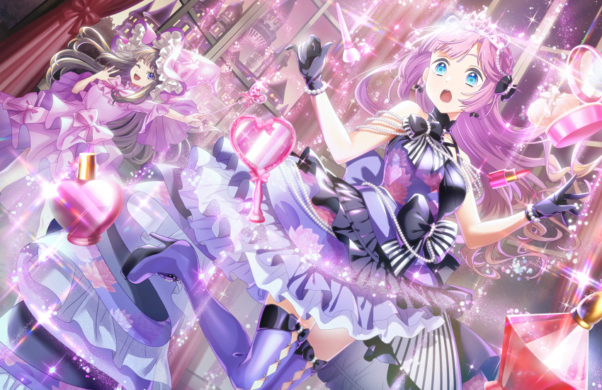 2girls, :o, anyoji_hime, anyoji_hime_(kaikou_no_butoukai), bare_shoulders, black_bow, black_gloves, blonde_hair