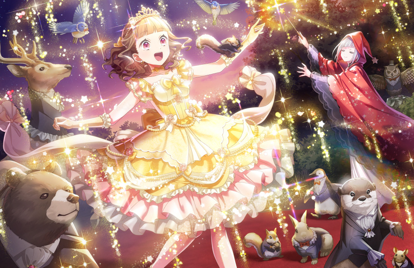 2girls, :d, animal, animal_on_arm, ascot, bear, bird, black_hat