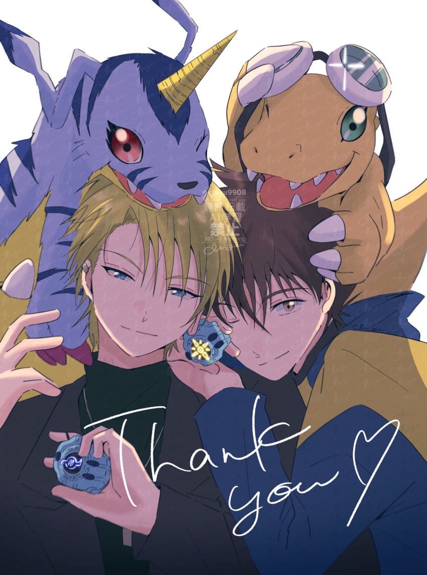 2boys, black_jacket, blonde_hair, blue_eyes, blue_fur, blue_jacket, blue_shirt, brown_hair
