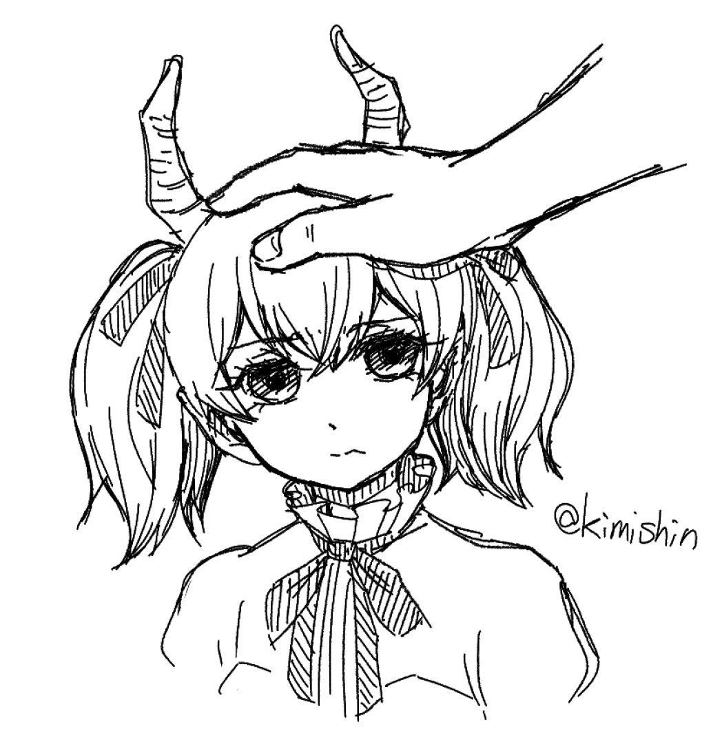 1girl, 1other, demon_horns, empty_eyes, frown, hatching_(texture), headpat, horns