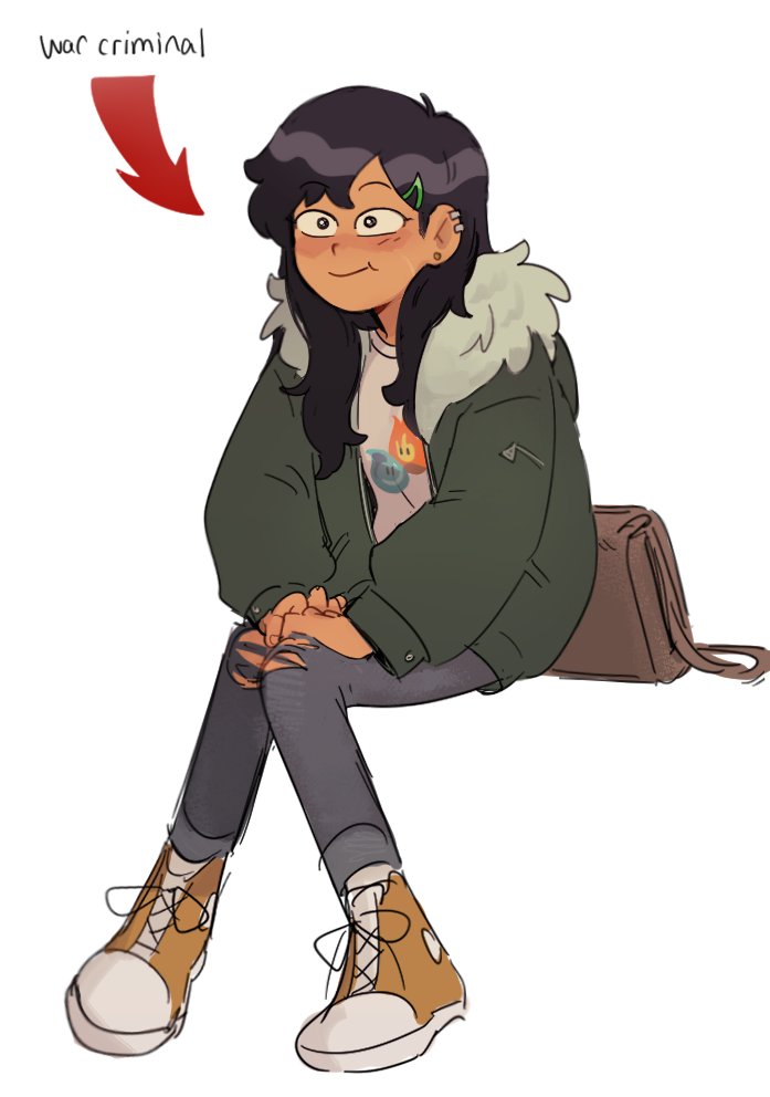 1girl, :t, aged_up, amphibia, arrow_(symbol), bag, black_hair, byubiyubi, ear_piercing, earrings, english_text, full_body, fur-trimmed_jacket, fur_trim, hair_ornament, hairclip, invisible_chair, jacket, jewelry, long_hair, looking_afar, marcy_wu, pants, piercing, shoes, shoulder_bag, sitting, smile, torn_clothes, torn_pants, white_background