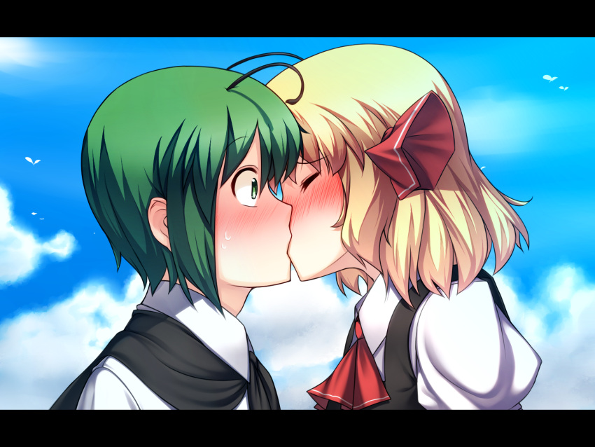 androgynous, antennae, blonde_hair, blush, cape, green_eyes, green_hair, highres, kiss, kissing, letterboxed, multiple_girls, nakamura_kusata, reverse_trap, rumia, short_hair, tomboy, touhou, wallpaper, wriggle_nightbug, youkai, yuri
