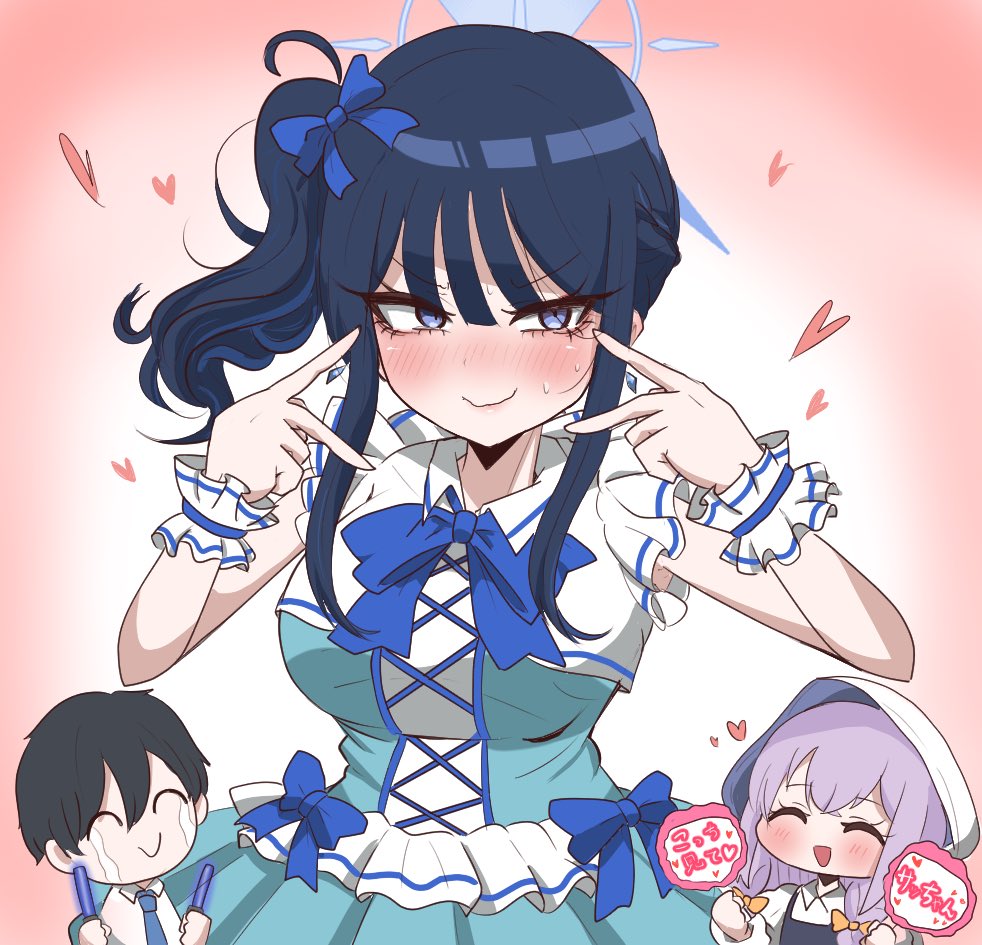 1boy, 2girls, atsuko_(blue_archive), blue_archive, blue_eyes, blue_halo, blush, bow, bow_skirt, breasts, cheering, crying, double_v, glowstick, guratan366, halo, heart, idol, idol_clothes, long_hair, looking_to_the_side, medium_breasts, multiple_girls, music, nervous_smile, purple_hair, saori_(blue_archive), sensei_(blue_archive), side_ponytail, simple_background, skirt, smile, v, wrist_cuffs