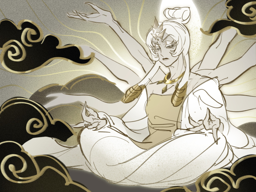 1girl, black_eyes, buddhism, clouds, cookie_run, cookie_run:_kingdom, extra_arms, guanyin, hair_bun, highres, indian_style, jugenxiannu196, long_hair, looking_at_viewer, mystic_flour_cookie, pale_skin, robe, sitting, slit_pupils, solo, white_hair, white_robe