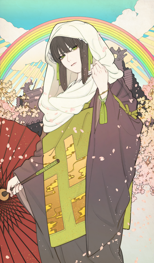 1girl, architecture, black_hair, black_kimono, blue_sky, bracelet, building, bun_cover, cherry_blossoms, closed_mouth, clouds, commentary, day, double_bun, east_asian_architecture, fate/grand_order, fate_(series), feet_out_of_frame, flat_color, green_eyes, green_ribbon, green_sash, hair_bun, hair_ribbon, holding, holding_umbrella, hood, hood_up, japanese_clothes, jewelry, kimono, light_smile, long_sleeves, looking_at_viewer, manaita_obi, obi, official_art, oil-paper_umbrella, ono_tako, outdoors, petals, qin_liangyu_(fate), qin_liangyu_(spring_beauty)_(fate), rainbow, red_umbrella, ribbon, sash, short_hair, sidelocks, sky, solo, tassel, tasuki, third-party_source, tree, umbrella, white_hood, wide_sleeves