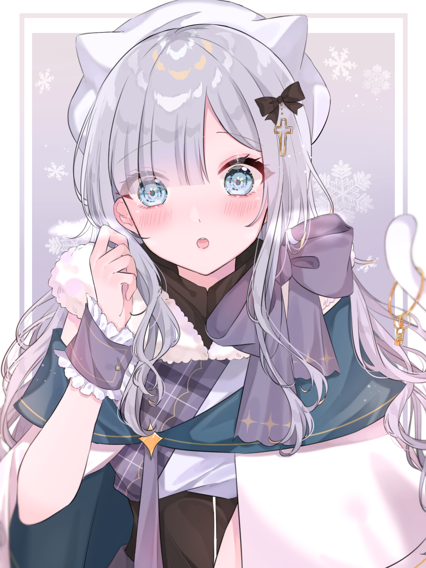 1girl, animal_hat, beret, blue_eyes, blush, cat_hat, cat_tail, cloak