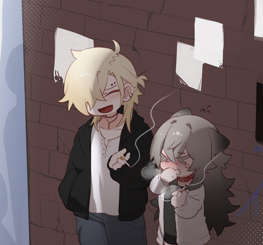 1boy, 1girl, black_jacket, blonde_hair, blue_pants, cigarette, closed_eyes, collar