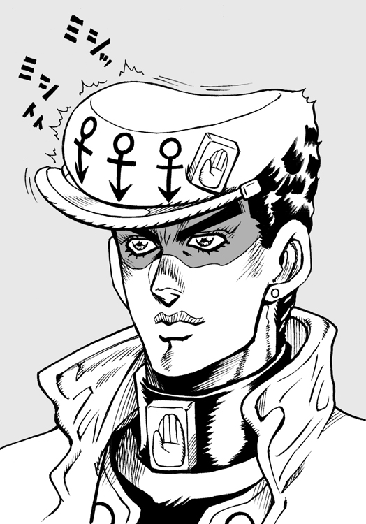 1boy, alternate_hairstyle, araki_hirohiko_(style), ashiro_(collective-mind), commentary_request, diamond_wa_kudakenai, earrings, greyscale