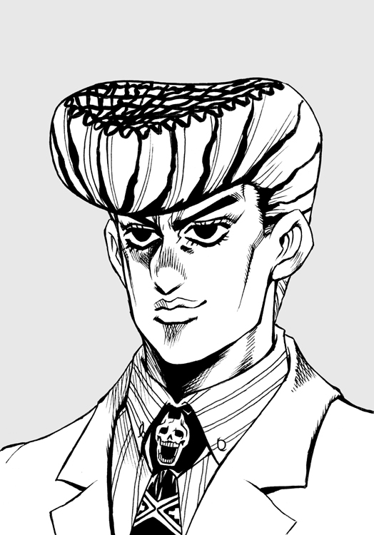 1boy, alternate_hairstyle, araki_hirohiko_(style), ashiro_(collective-mind), commentary_request, diamond_wa_kudakenai, greyscale, jojo_no_kimyou_na_bouken