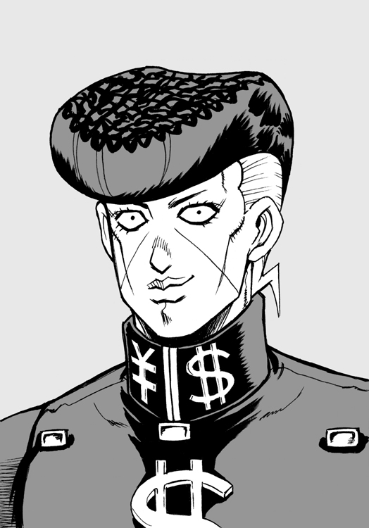 1boy, alternate_hairstyle, araki_hirohiko_(style), ashiro_(collective-mind), commentary_request, diamond_wa_kudakenai, dollar_sign, facial_mark