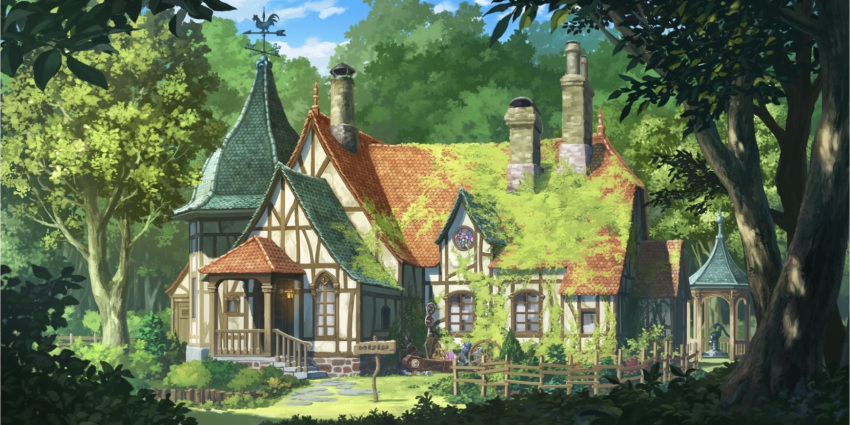 artist_request, blue_sky, building, bush, chimney, clouds, day, door, fence, forest, forest_of_magic, game_cg, gensokyo, highres, kirisame_magic_shop, moss, nature, no_humans, official_art, outdoors, overgrown, scenery, sign, sky, third-party_source, tile_roof, touhou, touhou_lostword, tree, weather_vane, window