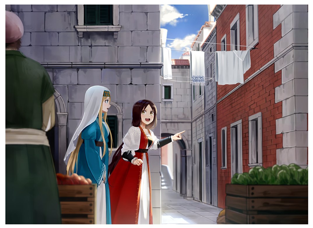 1other, 2girls, aege-kai_wo_wataru_hana-tachi, alley, black_shirt, blonde_hair, blue_dress, blue_eyes