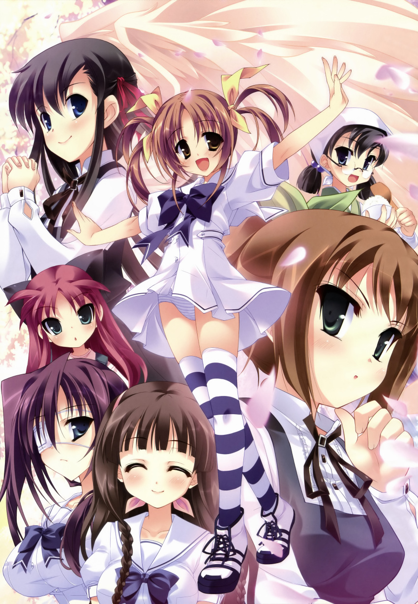 7girls, :d, animal_ears, black_eyes, blue_bow, blush, breasts, closed_eyes