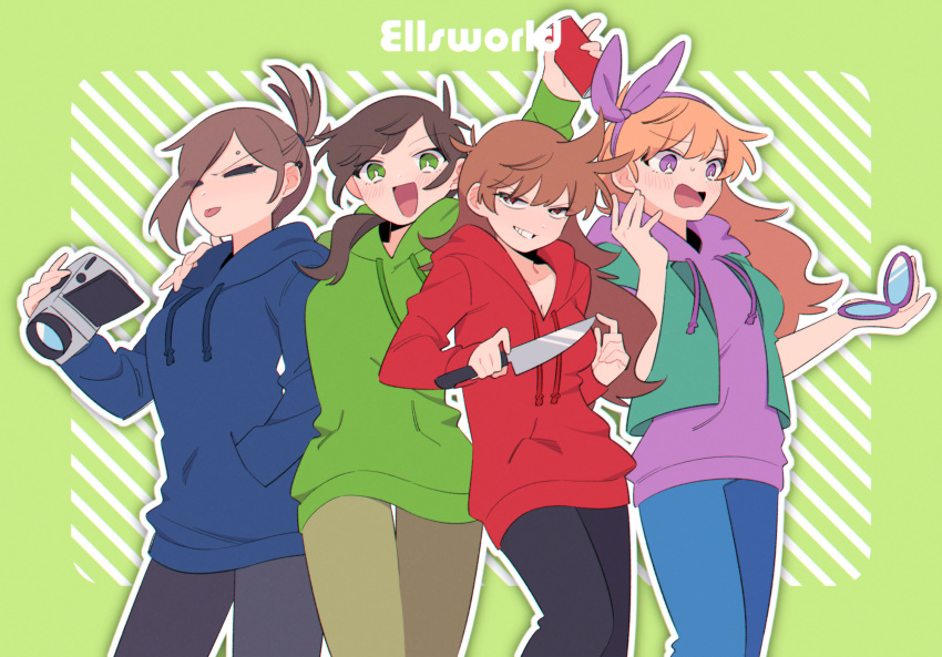 4girls, black_pants, blue_hoodie, blue_pants, bow_hairband, breasts, brown_hair, brown_pants