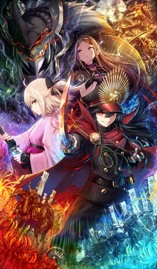 1boy, 3girls, ahoge, architecture, armor, army, banner, battle_standard