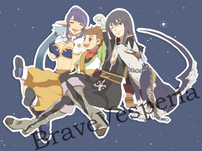 black_hair, blue_hair, breasts, brown_eyes, brown_hair, cleavage, closed_eyes, eyes_closed