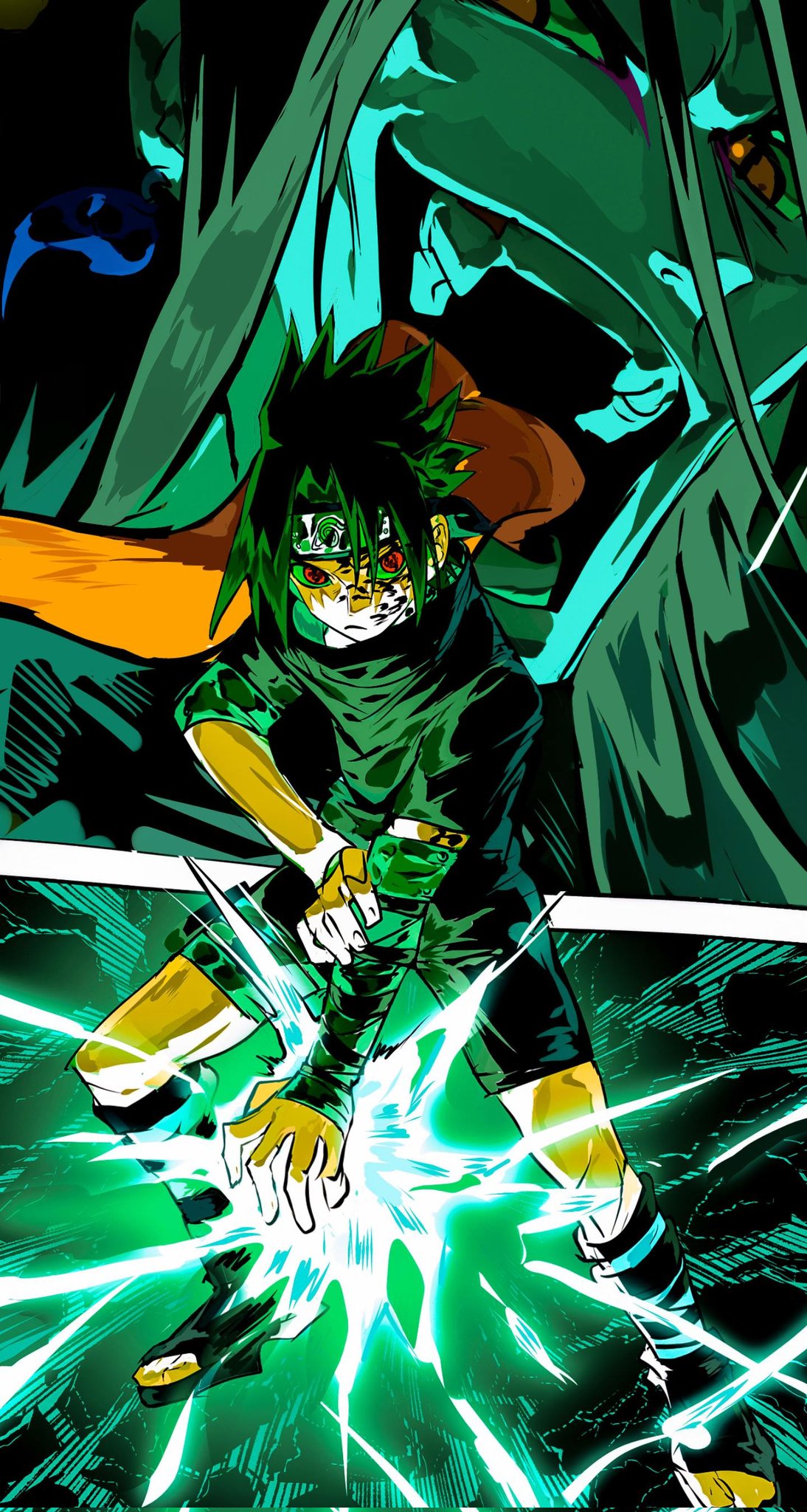 2boys, black_hair, black_pants, black_shirt, chidori_(naruto), curse_seal, earrings, electricity