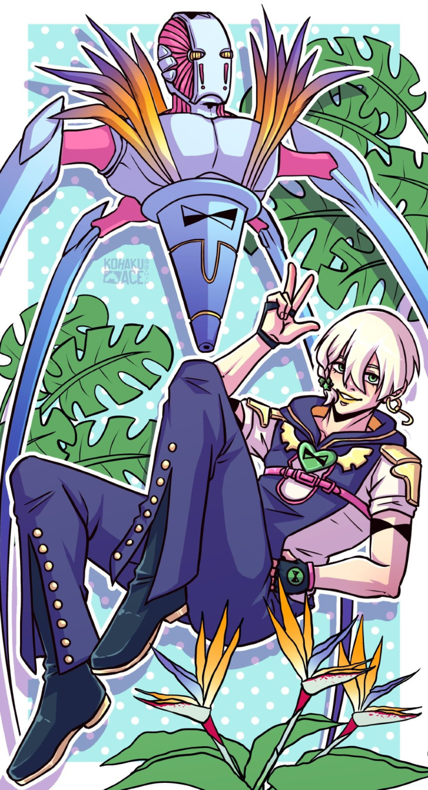 1boy, 1other, bell-bottoms, belt, black_boots, black_gloves, blue_hoodie, blue_pants