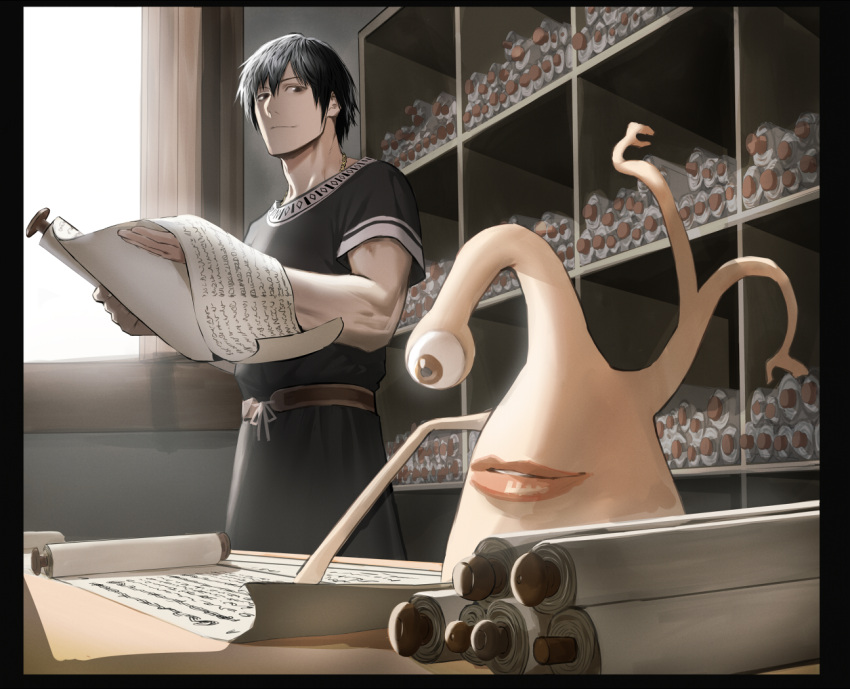 black_hair, commission, crossover, eumenes_(historie), historie, holding, holding_scroll, kasei_yukimitsu, kiseijuu, lips, male_focus, migi_(kiseijuu), scroll, short_hair, skeb_commission, smile