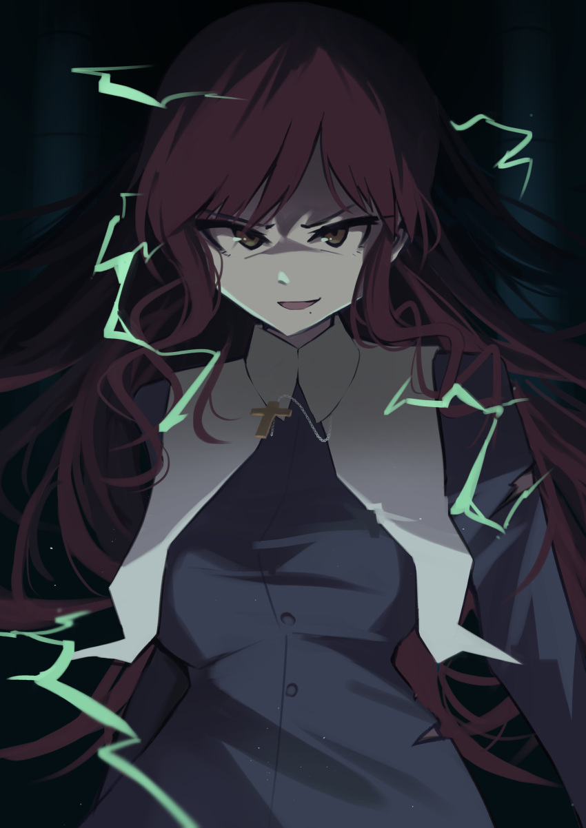 1girl, absurdres, angry, breasts, brown_eyes, brown_hair, cross, cross_necklace