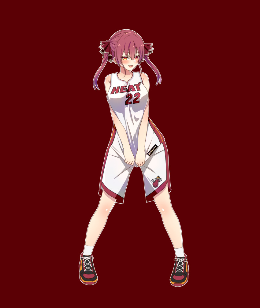 1girl, :d, basketball_jersey, basketball_uniform, breasts, cosplay, full_body, heterochromia