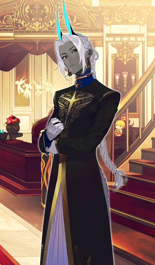 1boy, aqua_horns, arjuna_(fate), arjuna_alter_(fate), arjuna_alter_(festival_outfit)_(fate), black_eyes, black_robe, braid, character_doll, closed_mouth, colored_skin, commentary, cu_chulainn_(fate), curtained_hair, earrings, expressionless, fate/grand_order, fate_(series), feet_out_of_frame, formal_clothes, gloves, gold_choker, gold_trim, grey_skin, gugalanna_(fate), hair_tie, head_tilt, high_collar, horns, indian_clothes, indoors, jason_(fate), jewelry, long_hair, long_sleeves, looking_to_the_side, male_focus, mini_cu-chan_(fate), official_art, pako_(pakosun), robe, sidelocks, solo, stairs, standing, third-party_source, very_long_hair, white_gloves, white_hair