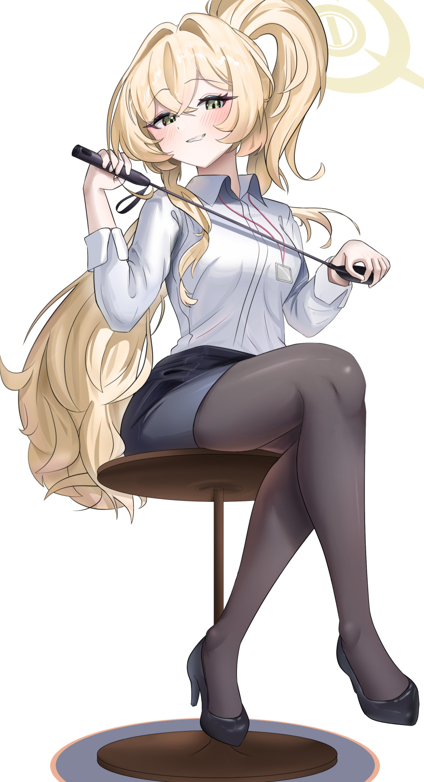 1girl, absurdres, black_pantyhose, black_skirt, blonde_hair, blue_archive, blush, collared_shirt