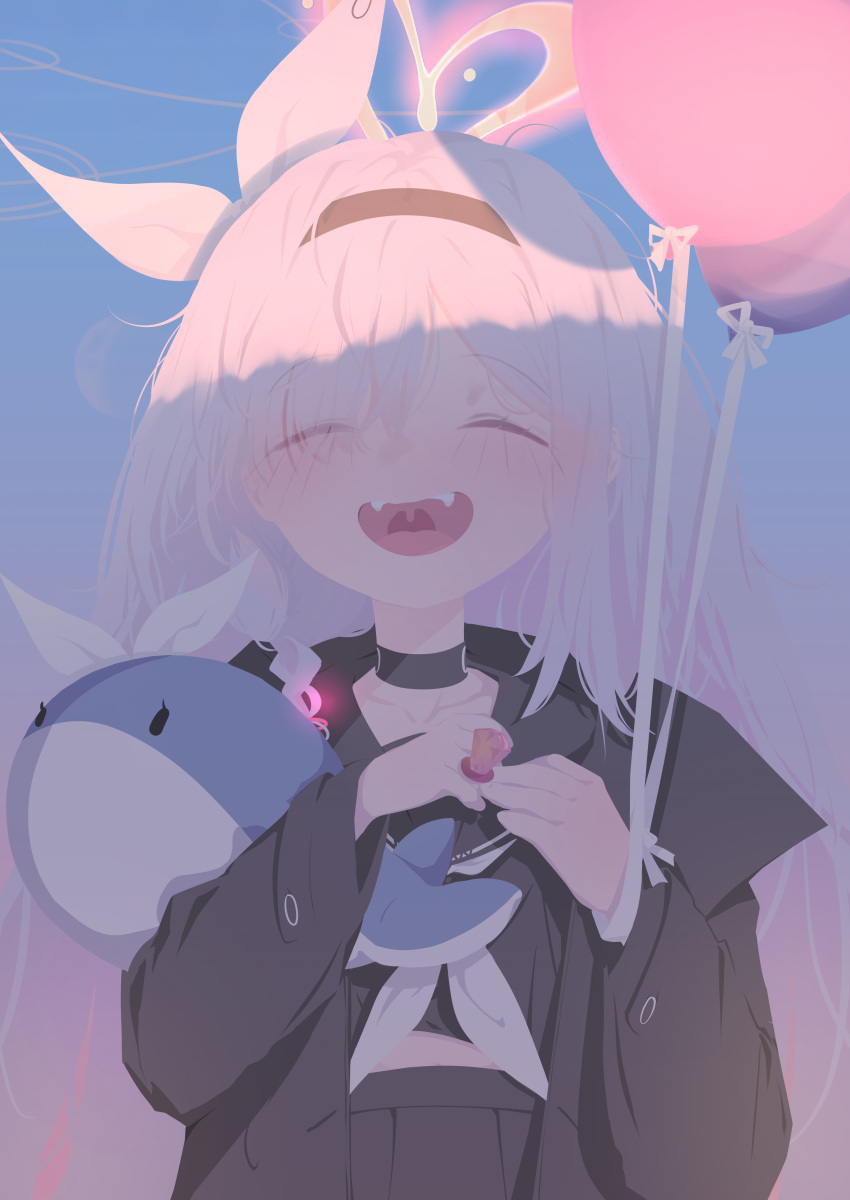 1girl, absurdres, balloon, black_choker, black_coat, black_hairband, black_sailor_collar, black_serafuku