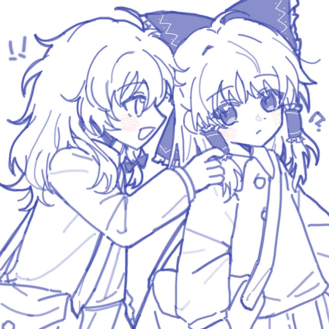 !, !!, 2girls, ?, aged_down, alternate_costume, bag, blue_theme