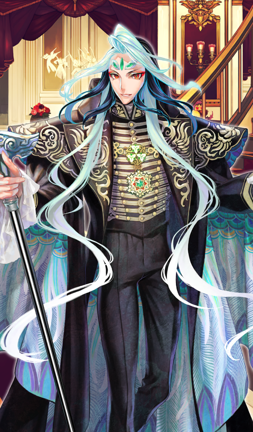 1boy, androgynous, azuma_toh, bishounen, black_coat, black_hair, black_pants, cane, clothing_request, coat, commentary, crossed_ankles, eyeshadow, fate/grand_order, fate_(series), forehead_jewel, formal_clothes, frilled_sleeves, frills, high_collar, holding, holding_cane, indoors, long_hair, long_sleeves, looking_at_viewer, makeup, multicolored_hair, official_art, outstretched_arms, pants, parted_lips, red_eyes, red_eyeshadow, shi_huang_di_(fate), shi_huang_di_(festival_outfit)_(fate), smile, solo, standing, teeth, third-party_source, very_long_hair, white_hair